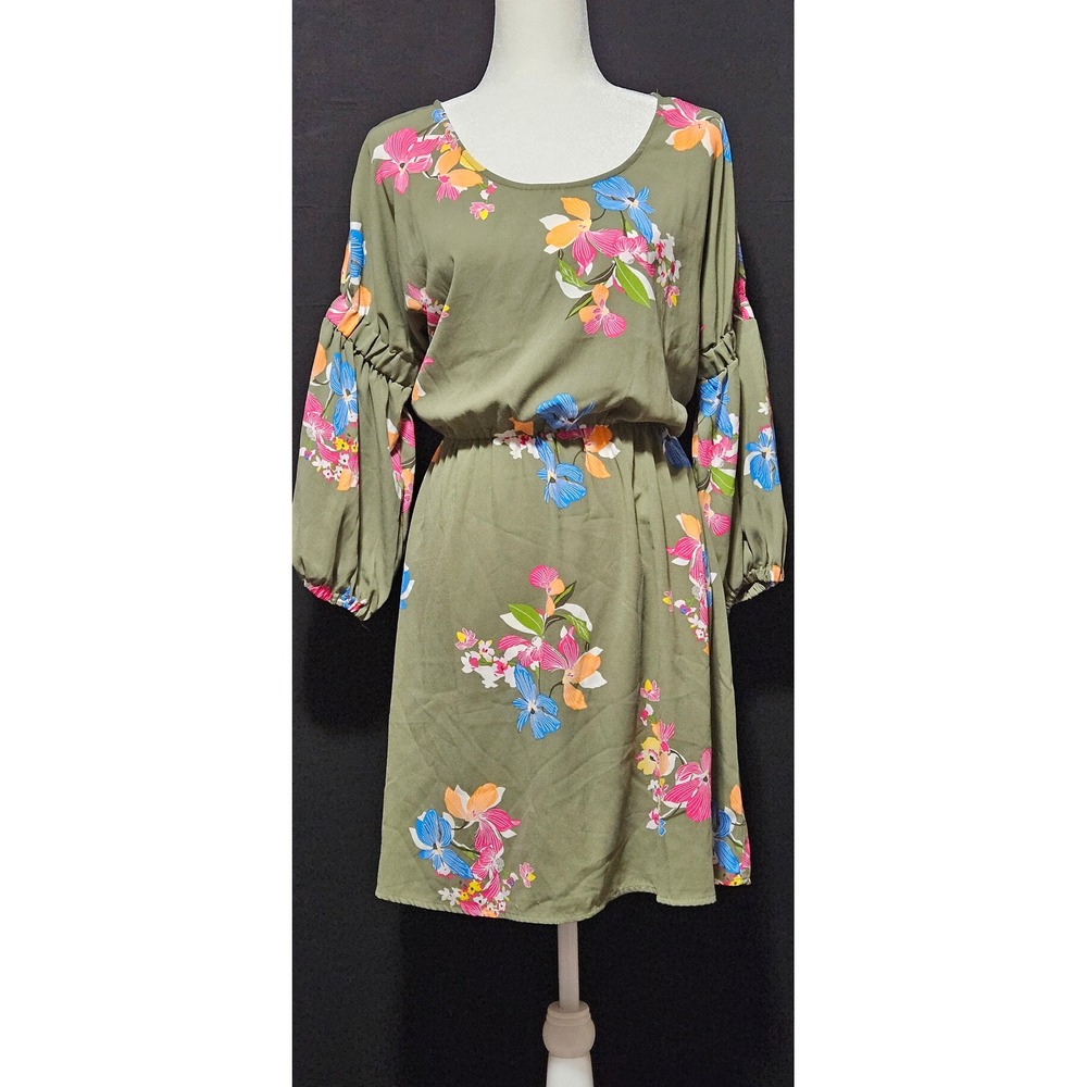 A New Day Olive Green Floral Puff Sleeve Elastic Waist Dress Medium VN1055164